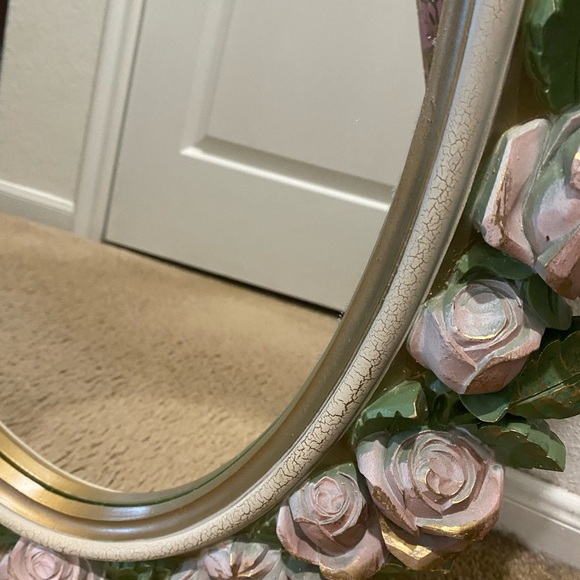 Vintage Home Interiors Shabby Chic Pink Gold Floral Oval Wall Mirror 27”x 20” - Picture 7 of 14